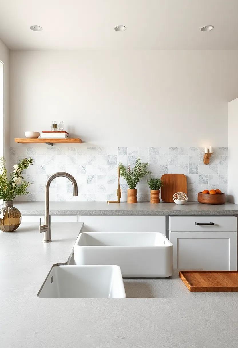 Textured Concrete Countertops Complementing a Soft White Fireclay Farmhouse Sink Setting