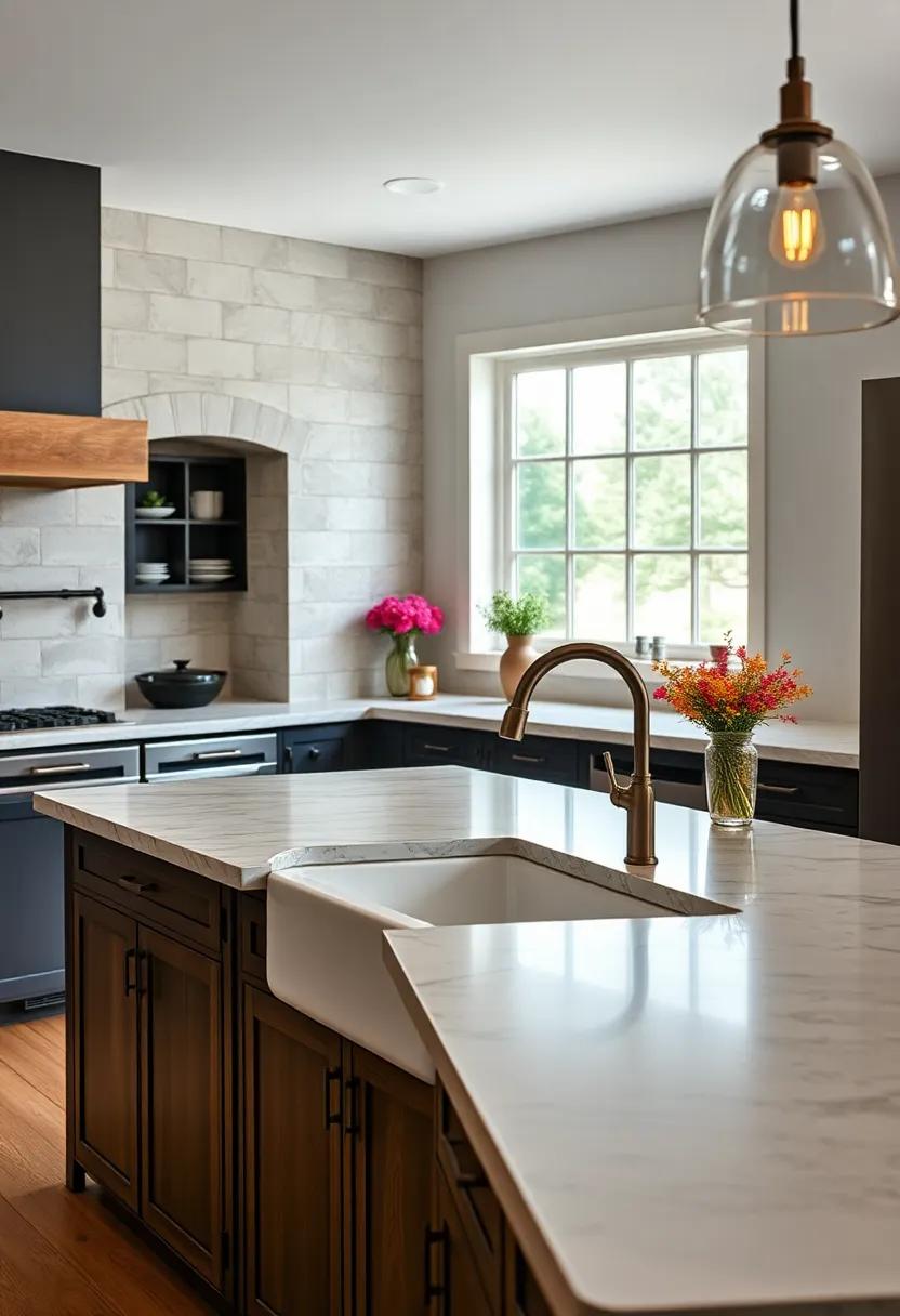 Oversized Vintage Style Faucets Bringing Focus to Deep Single Basin Farmhouse Sink Layouts