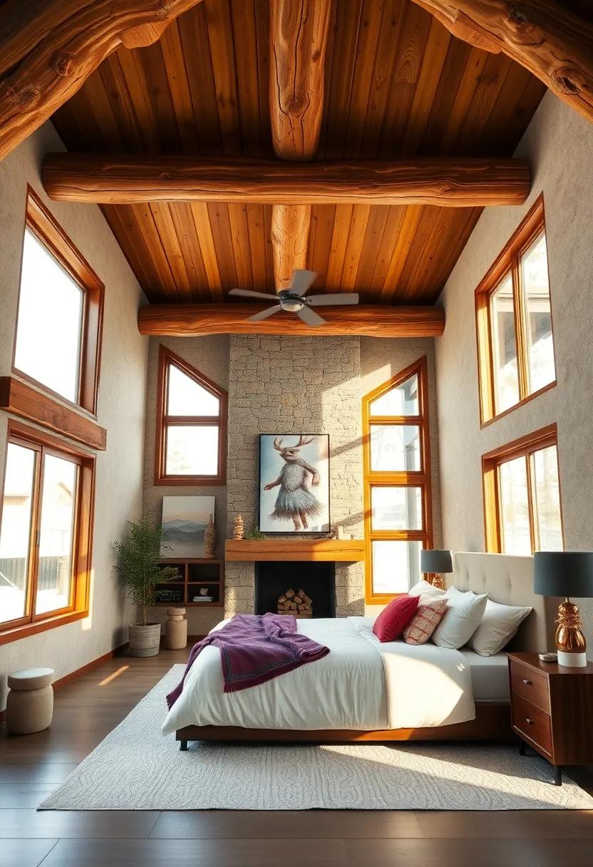 Sunlight Streaming Through Frosted Windows Highlighting Knotted Wooden Ceiling Beams and Textured Walls