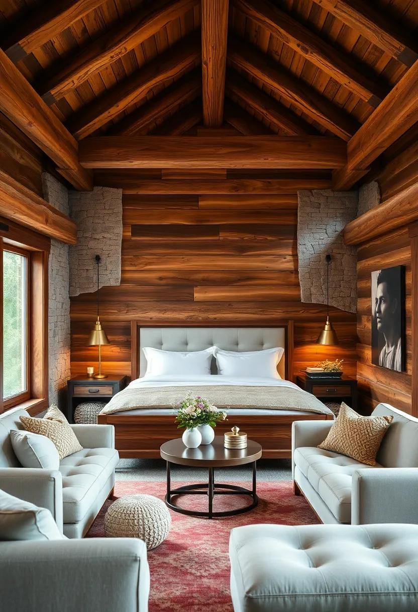 Hearty Wood Textures and Warm Brass Fixtures Framing a Peaceful Cabin Bedroom Retreat