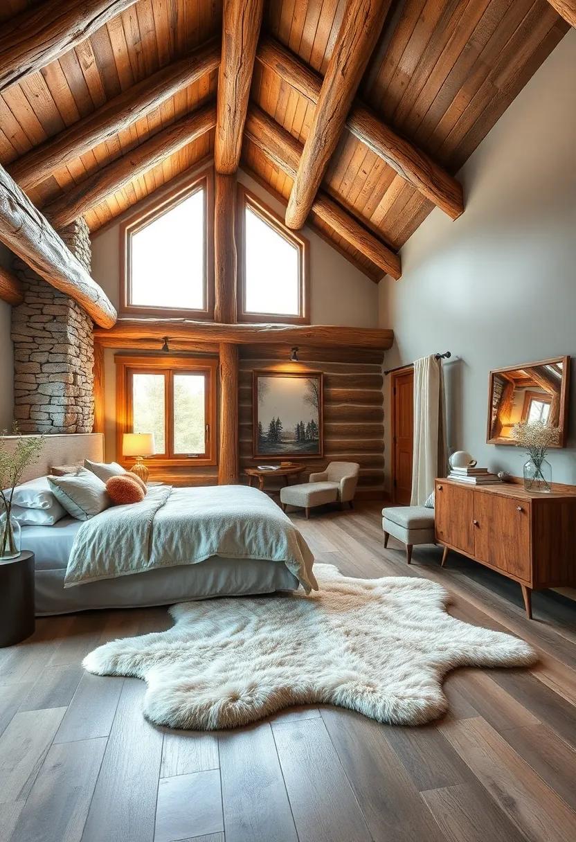 Soft Sheepskin Rugs Layered Over Rustic Hardwood Flooring Near a Timber-Beamed Reading Nook