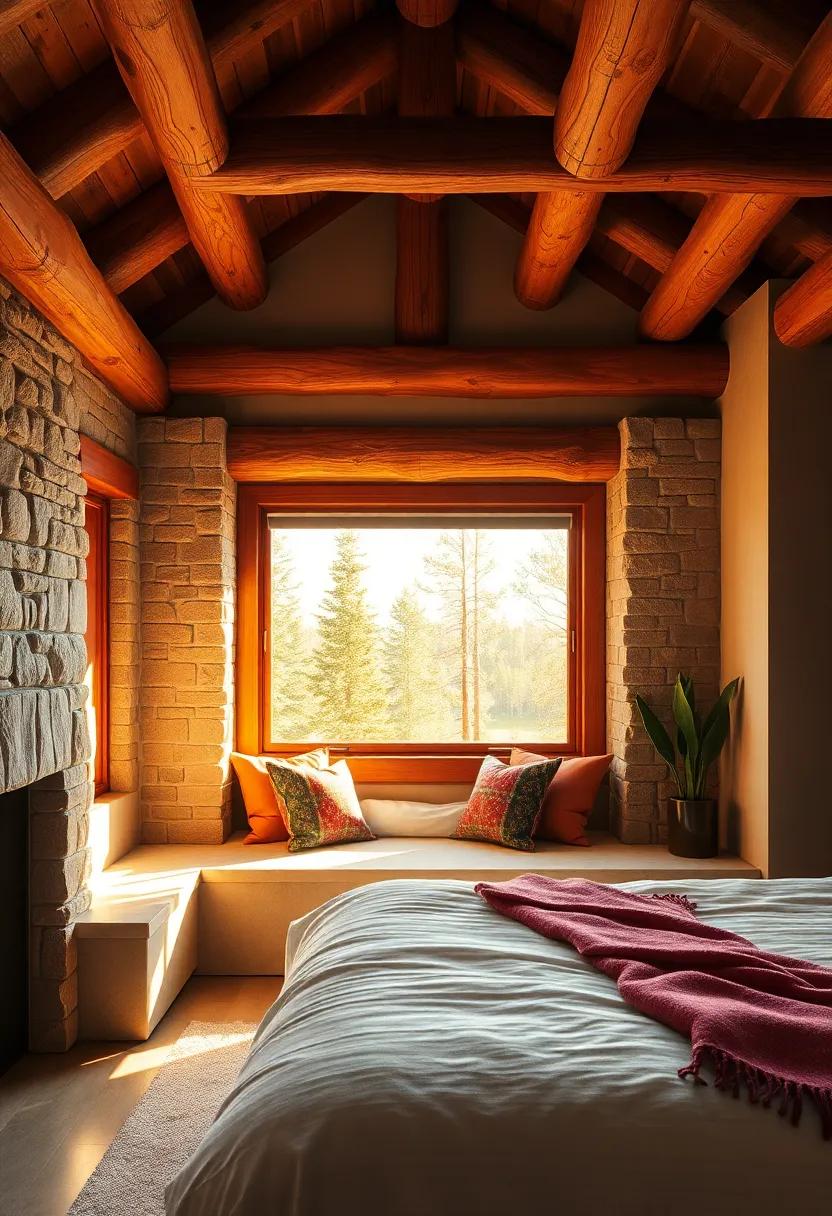 A Window Seat Cushion Bathed in Warm Golden Light with Natural Cedar Beams Overhead