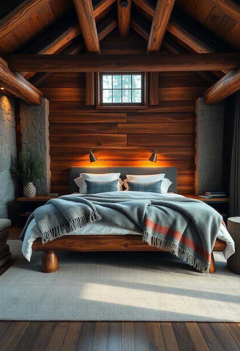 Handwoven Wool Throws Draped Over a Vintage Log Bed Surrounded by Ambient Warm Lighting