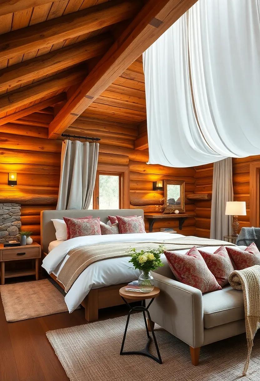Cedar-Wrapped Walls and Exposed Beams Merging Warmly with Soft Fabric Drapes and Glowing Lamps