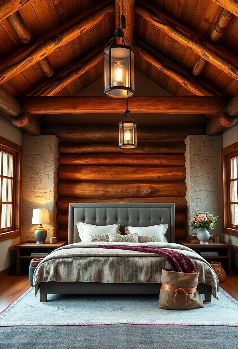 Vintage Lanterns Hanging from Intricate Log Rafters Illuminating a Cozy, Earth-Toned Sleeping Area