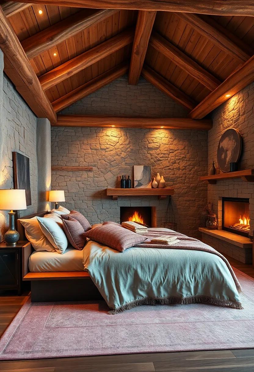 Plush Pillows and Wool Blankets Nestled Amidst Rich Wooden Beams and the Subtle Radiance of Fireplace Glow