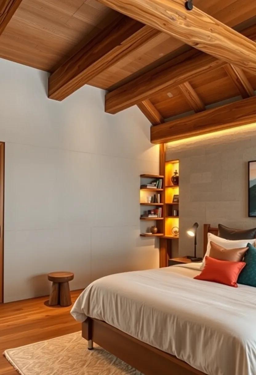 Warm Amber Lamps Glowing Softly Against Rough-Hewn Wooden Walls in a Mountain Lodge Bedroom