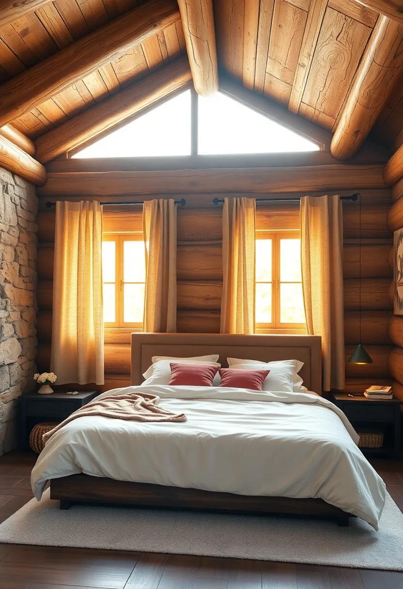 Soft Burlap Curtains Filtering Warm Sunlight Through Timber-Rich Walls and Cozy Bedding