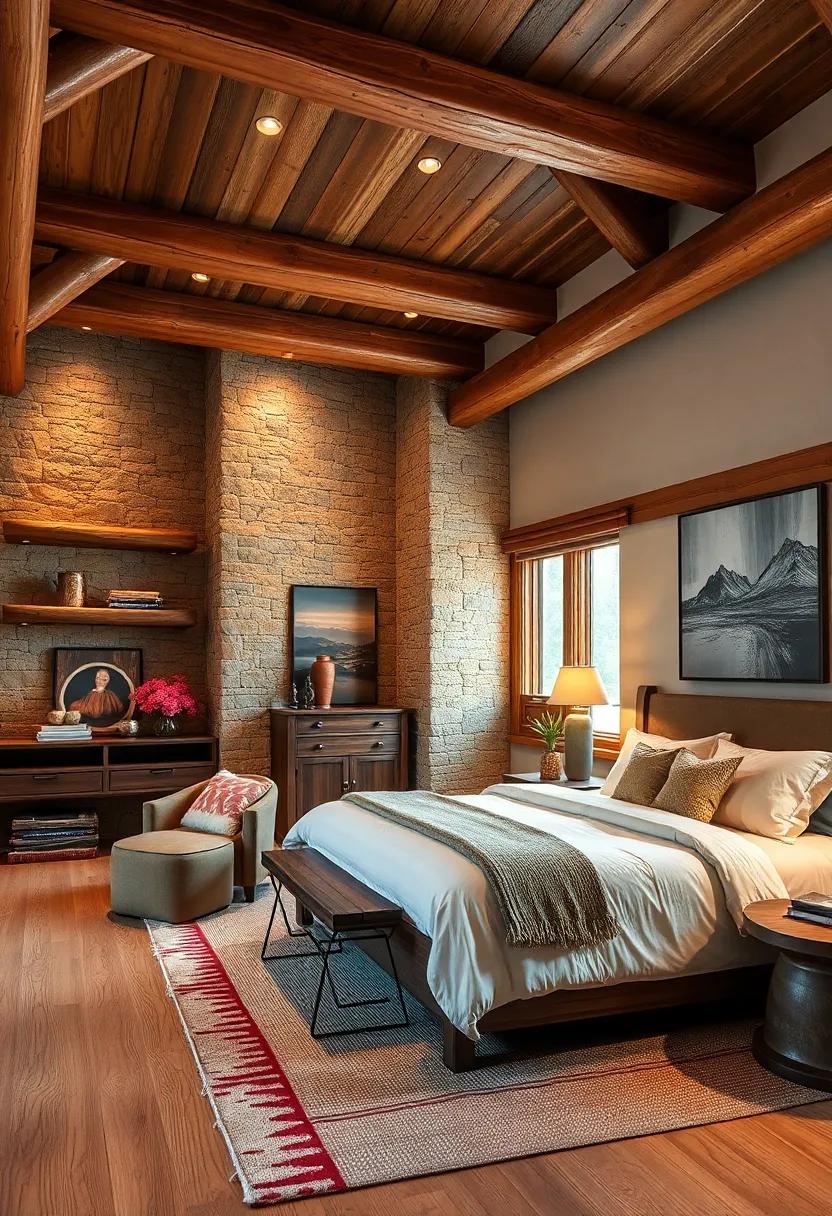 A Mountain Lodge Bedroom Featuring Layered Textures, Warm Tones, and Bold Timber Beams