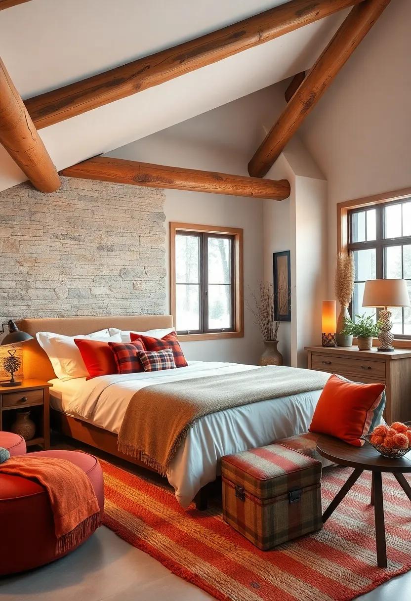 Rust-Orange Accents and Plaid Fabrics Enhancing the Warmth of a Classic Mountain Lodge Bedroom Scene