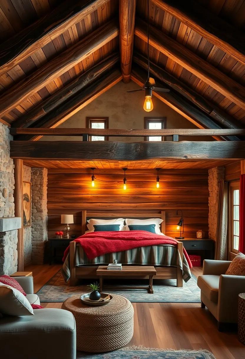 Thick Wooden Rafters Supporting a Lofted Bed Area Bathed in the Warm Glow of Vintage Edison Bulbs