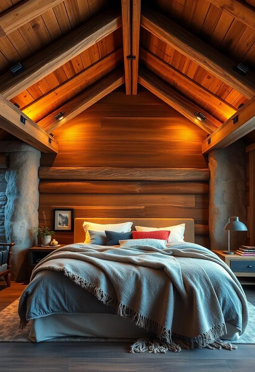 A Plush Bed Draped in a Cozy Wool Throw Beneath Exposed Timber Rafters and Twilight Glow