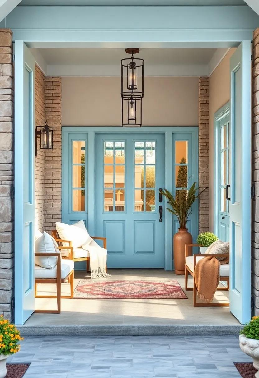 Baby Blue Doorway With a Cozy Front Porch Scene Featuring Soft Cushioned Benches and Throws