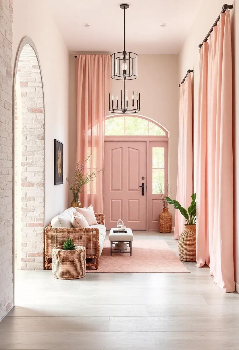 Blush Pink Entryways Complemented by Vintage Wicker Baskets and Soft Fabric Drapes