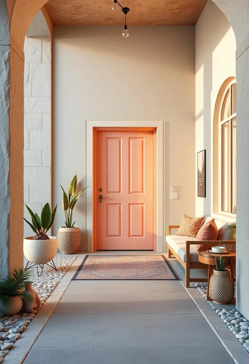 Creamy Apricot Door Framed by Subtle Stone Pathways and Gentle Early Evening Glow