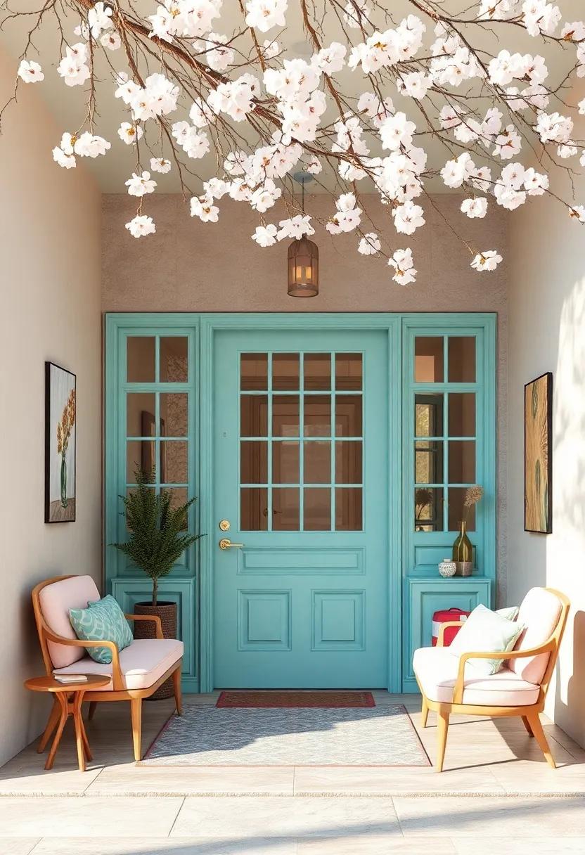 Delicate Aquamarine Front Door with Coordinated Pastel Furniture and Blossoming Branches Above