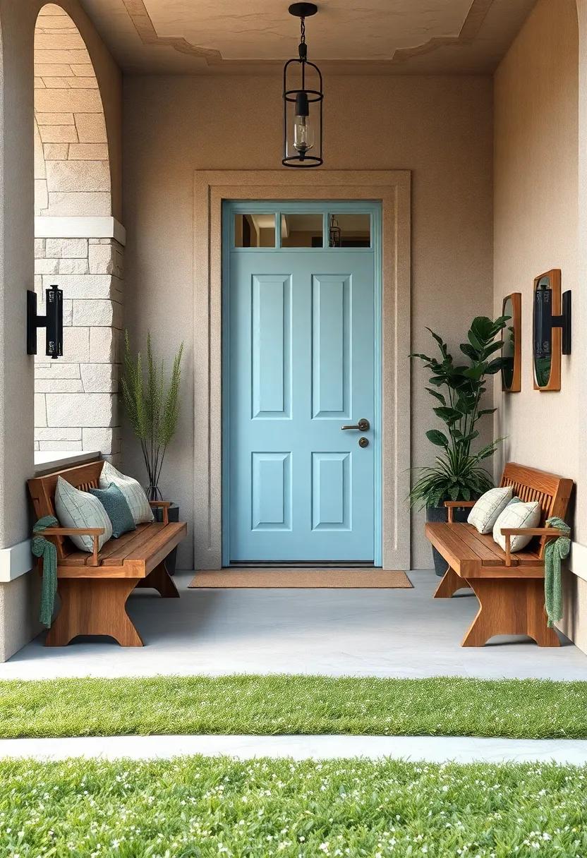 Delicate Sky Blue Door Flanked by Rustic Wood Benches and a Layer of Early Dew on Grass