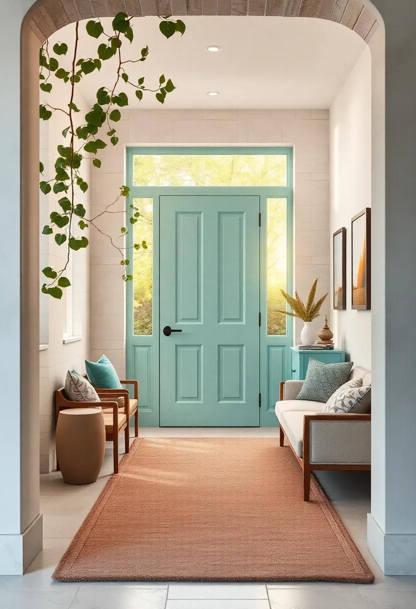 Frosted Mint Doorway Framed by Soft Ivy Leaves and Sunset Light Bathing a Cozy Entry Rug