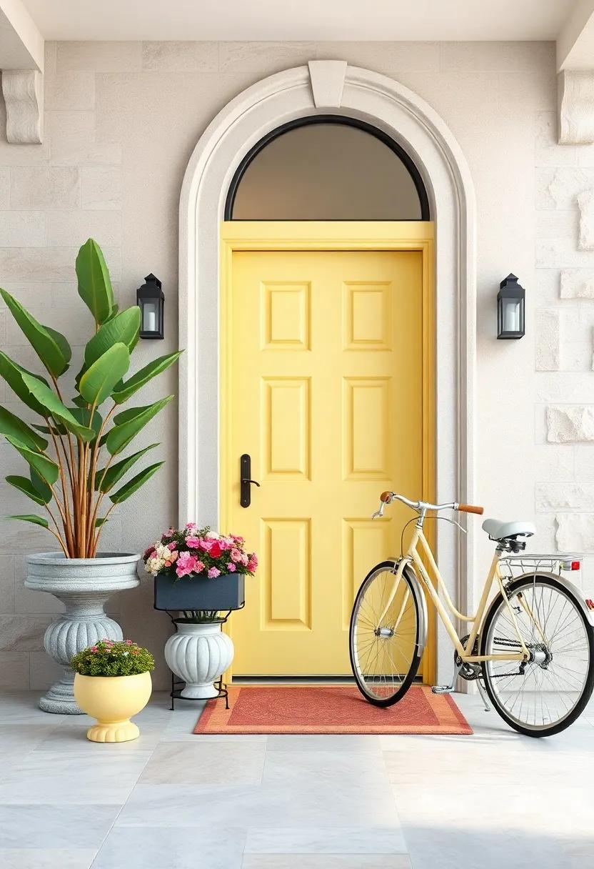 Gentle Lemon Yellow Door with Pastel Flower Boxes and Vintage Bicycle Leaning Nearby