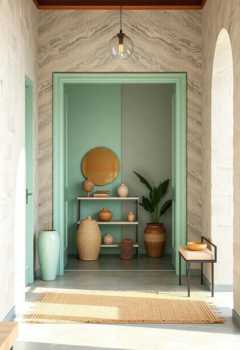 Light Pistachio Doorway Complemented by Soft Natural Fiber Rugs and Pottery Display