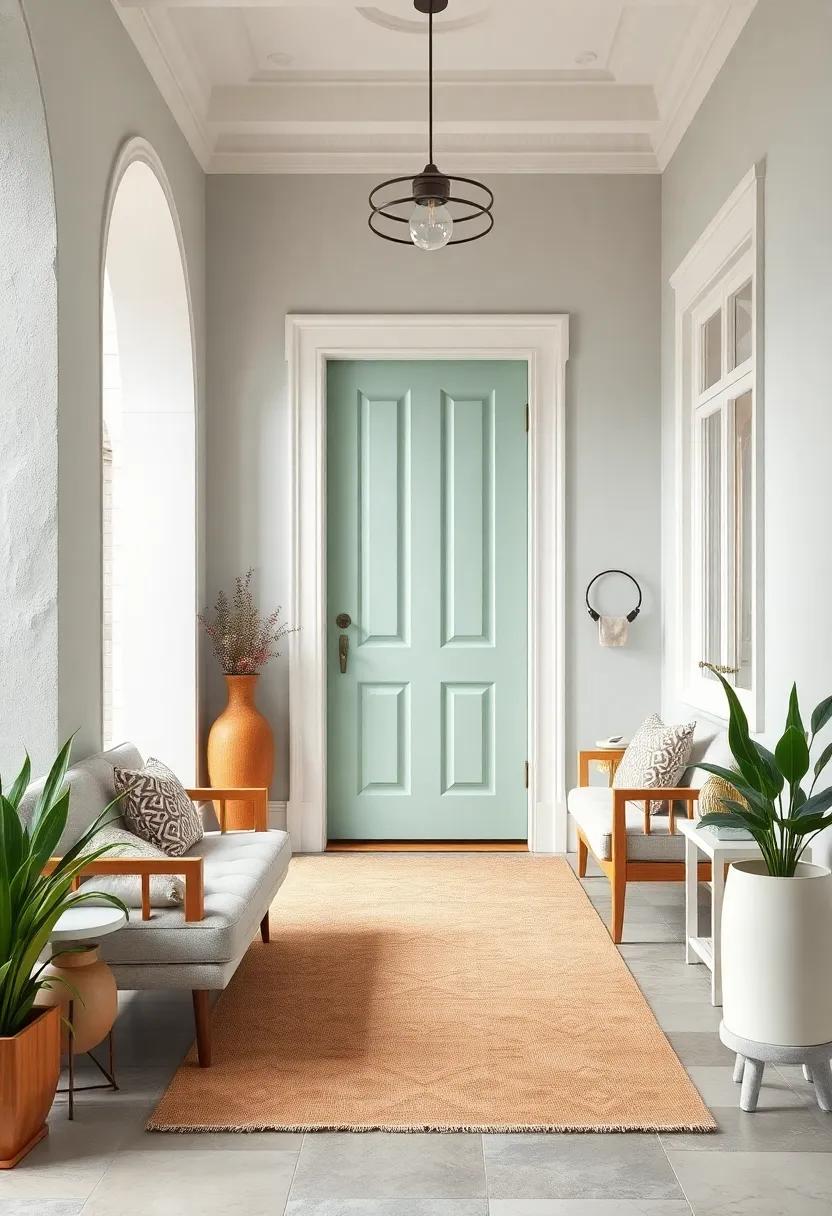 A Mint Green Front Door Paired with Delicate White Trim and Natural Wood Accents
