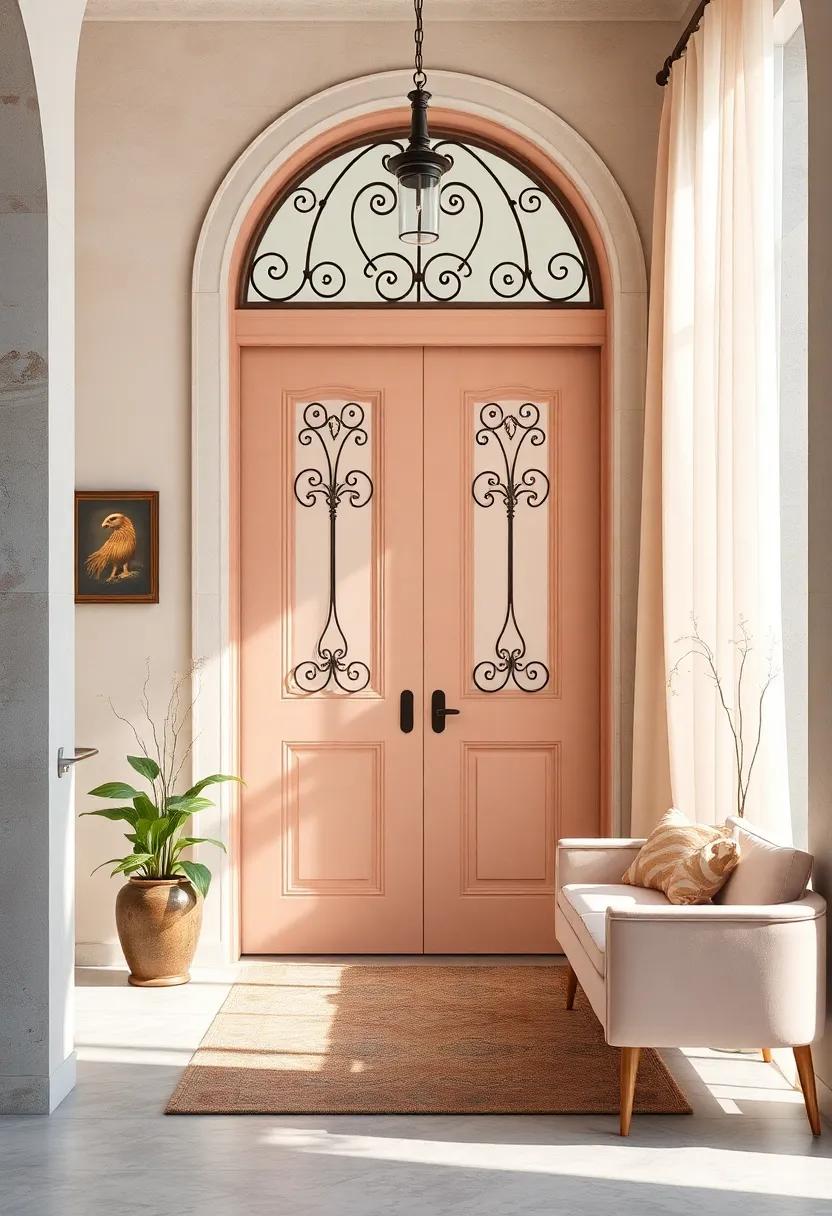 Muted Peach Door with Ornate Ironwork and Gentle Shadows from Draped Sheer Curtains