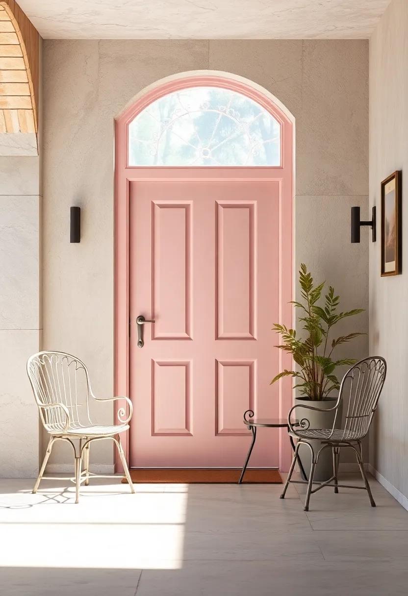Pale Pink Door Surrounded by Misty Morning Light and Vintage Metal Garden Chairs