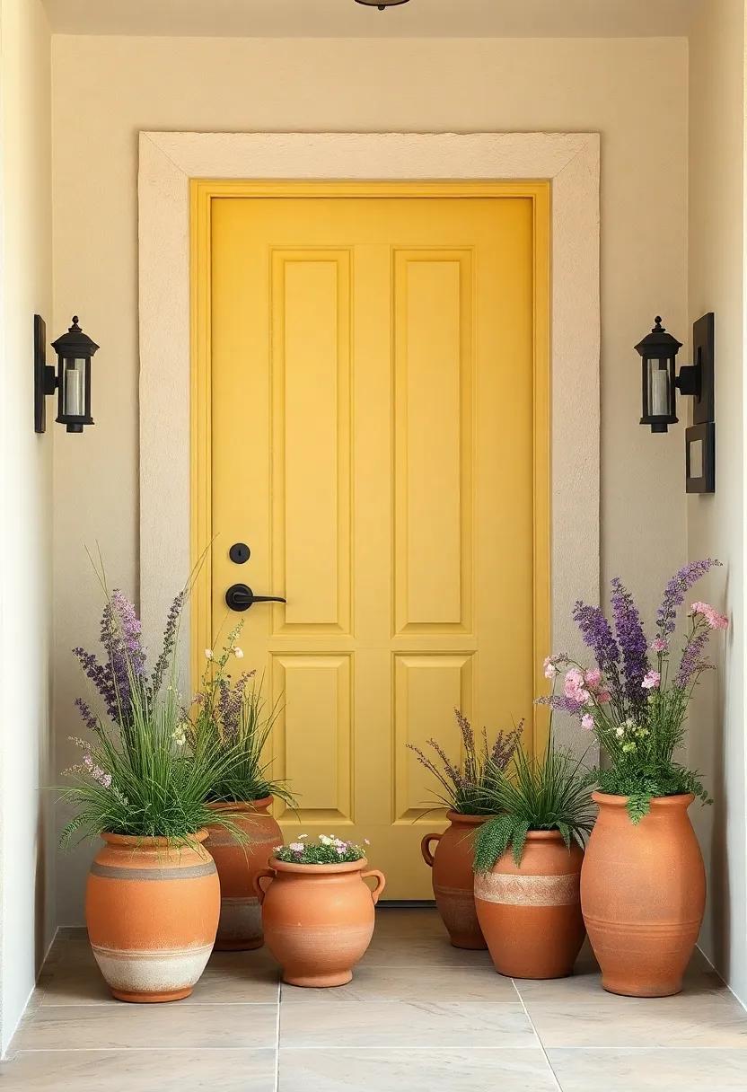 Pastel Yellow Door Surrounded by Rustic Clay Pots Filled with Soft Wildflowers and Herbs