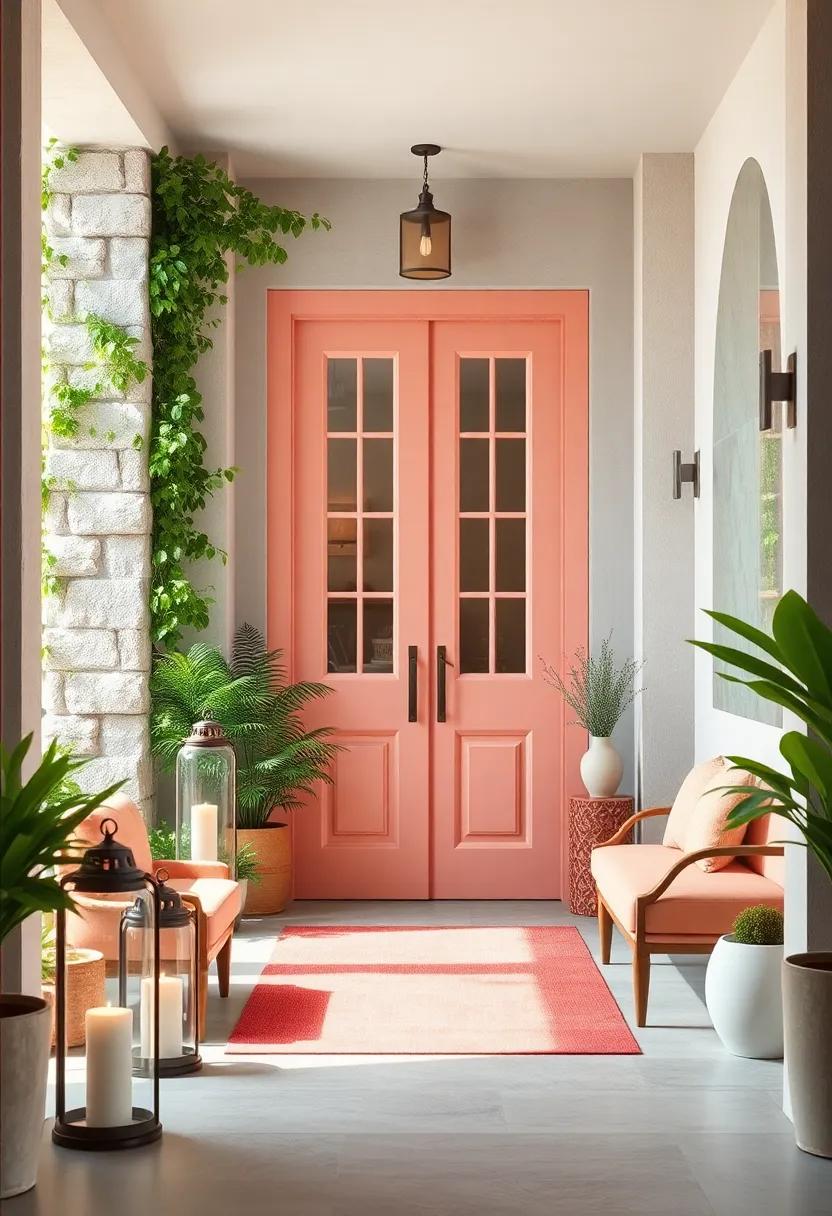 Peach and Coral Pastel Doors Surrounded by Lush Greenery and Vintage Garden Lanterns