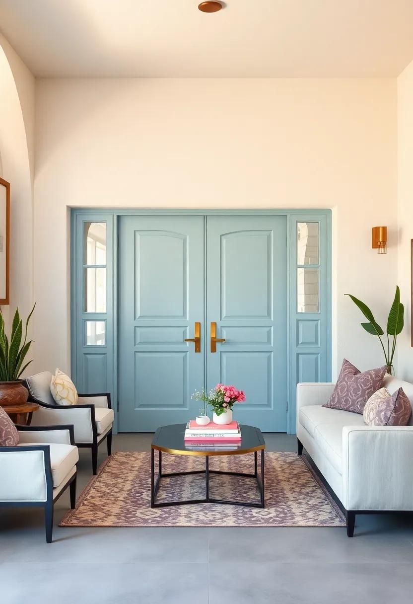 Powder Blue Doors Featuring Elegant Brass Hardware Against Creamy Stucco Walls