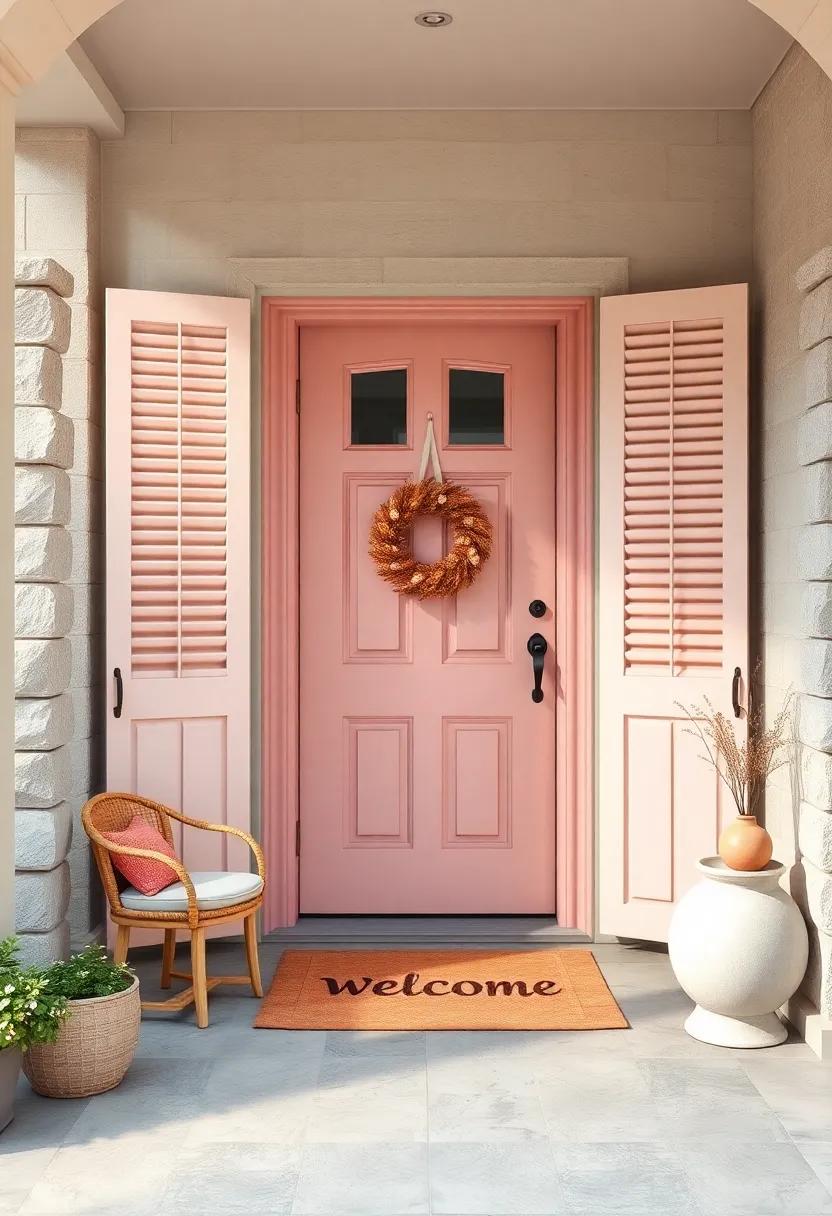 Powdery Pink Door Framed by Soft, Weathered Shutters and a Vintage Welcome Mat in Muted Pastels