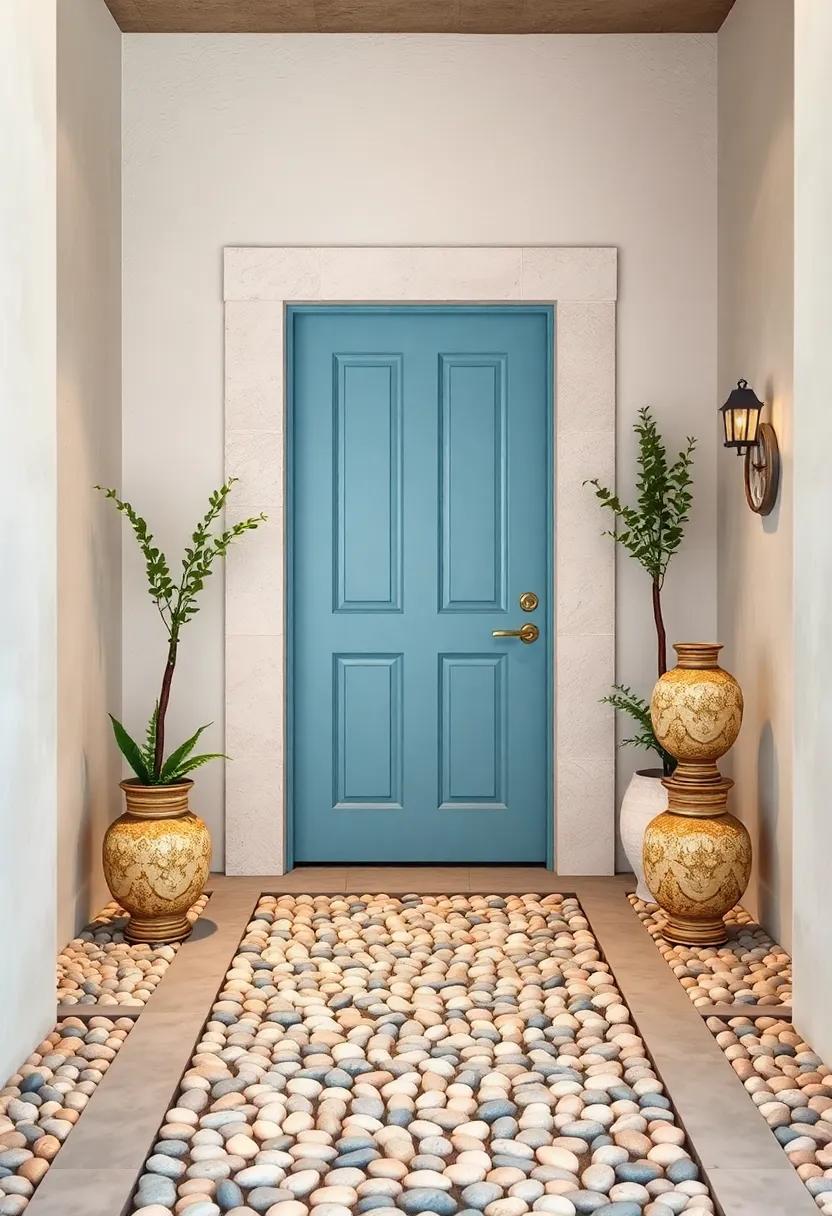 Quiet Blue Door with Pastel-Colored Pebble Path and Old World Ceramic Lamps on Each Side