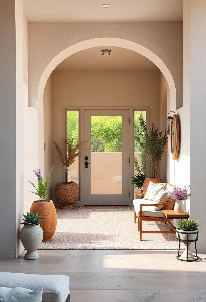 Sandy Beige Doorway with Subtle Lavender Accents and a Cozy Outdoor Reading Nook Flair