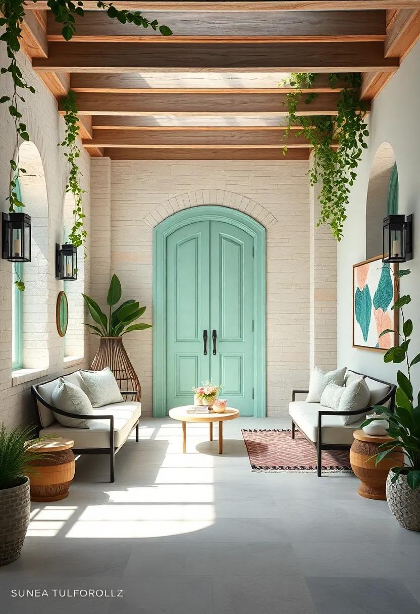 Seafoam Green Doorways with Soft Shadow Play from Overhanging Pergolas and Cascading Vines