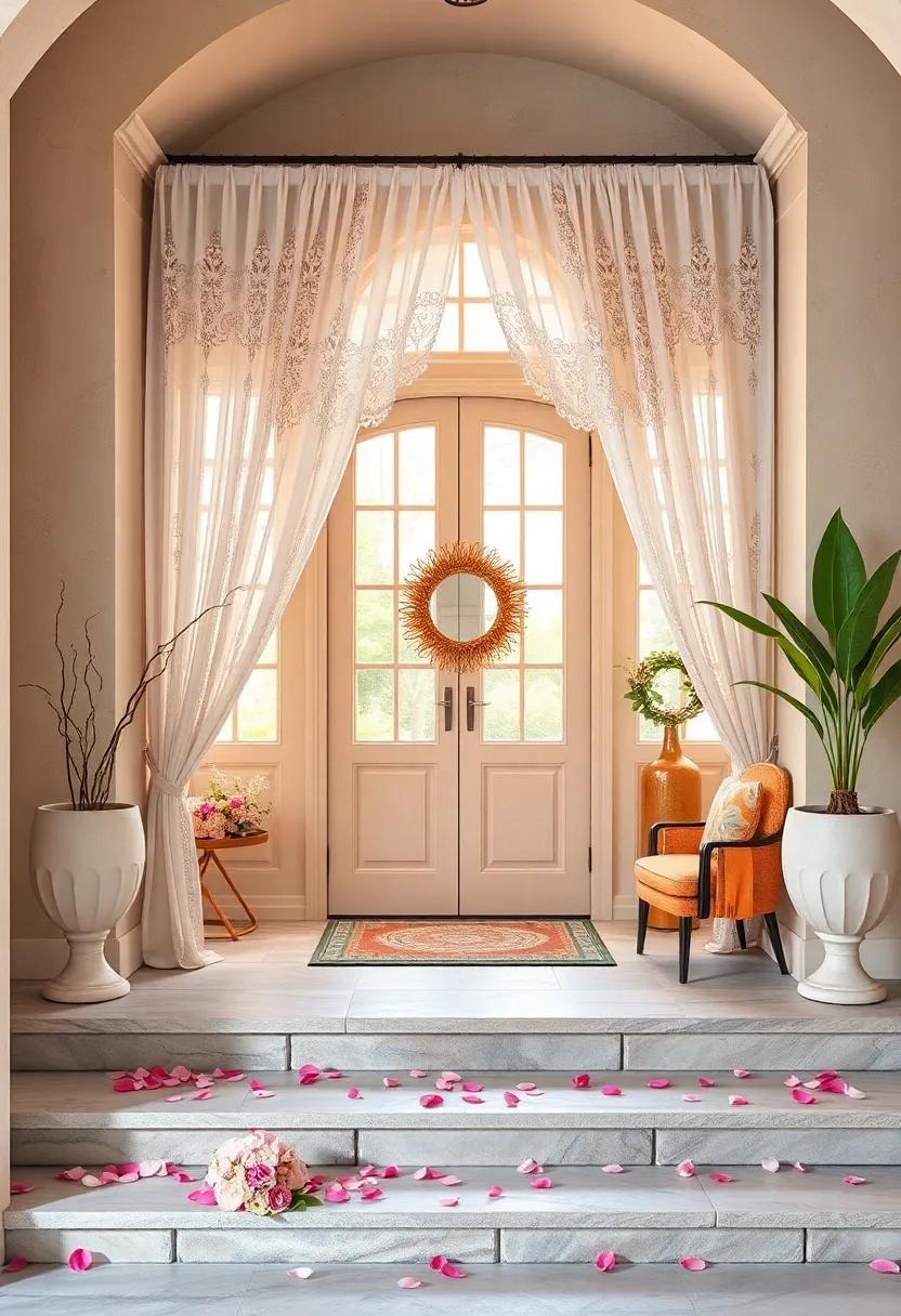 Soft Almond Doorway with Elegant White Lace Drapes and Petals Scattered on Stone Steps