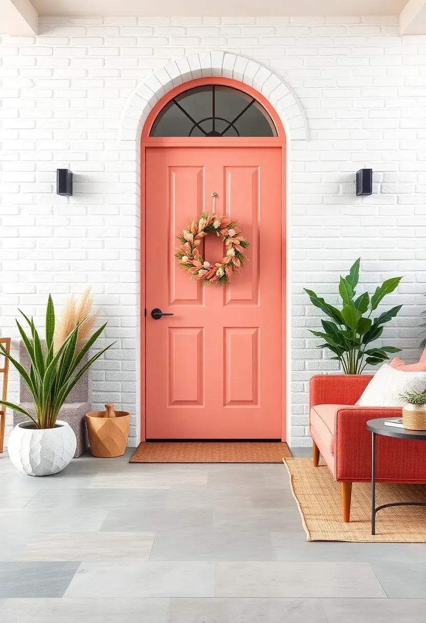 Soft Coral Front Door Against a Textured White Brick Wall with Seasonal Pastel Wreath
