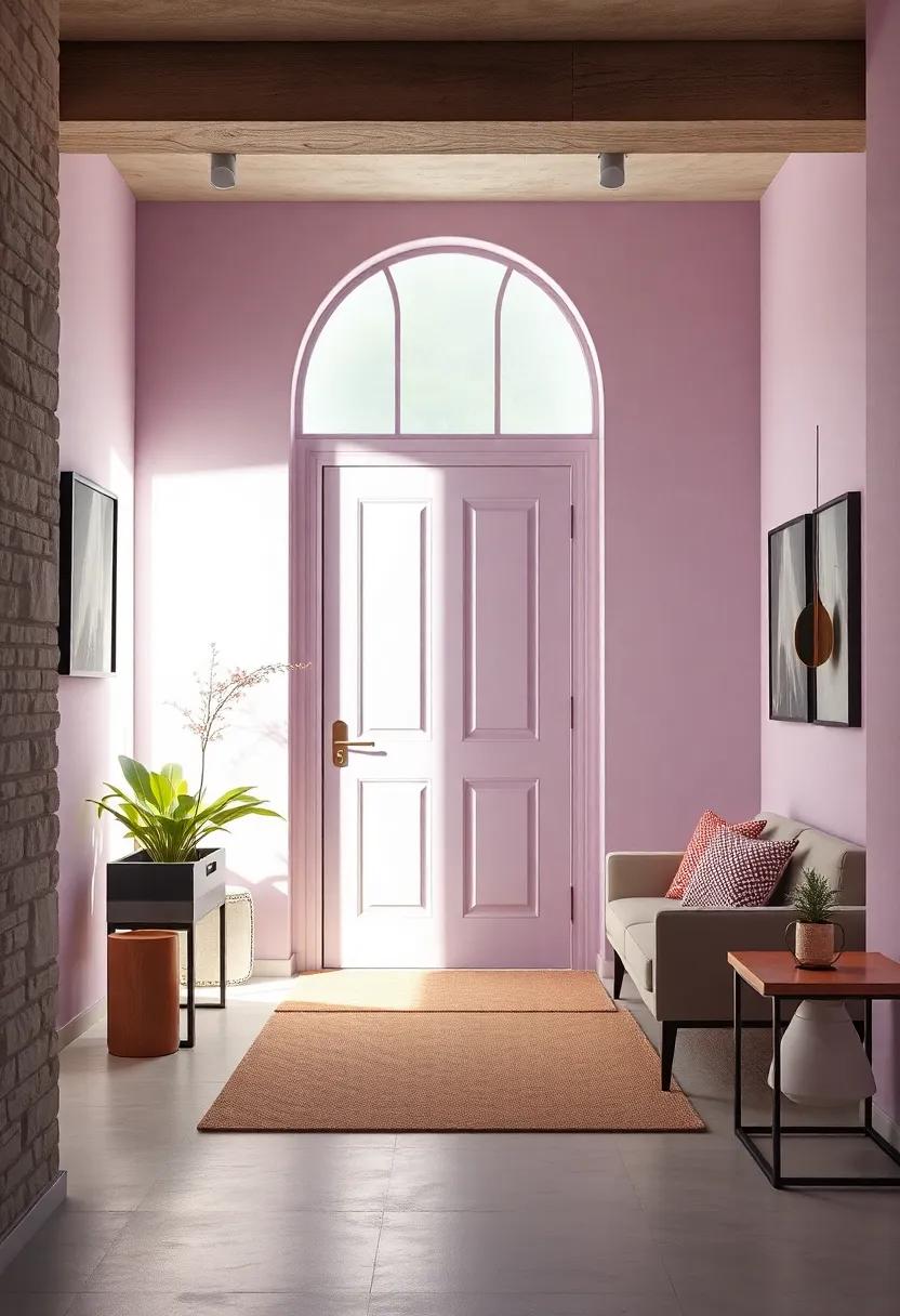 Soft Lavender Walls Framing a Minimalist Pastel Entry Door Bathed in Soft Morning Light