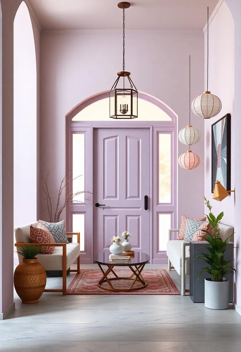 Soft Lilac Door Highlighted by Hanging Glass Lanterns and Delicate Paper Lantern Decoration