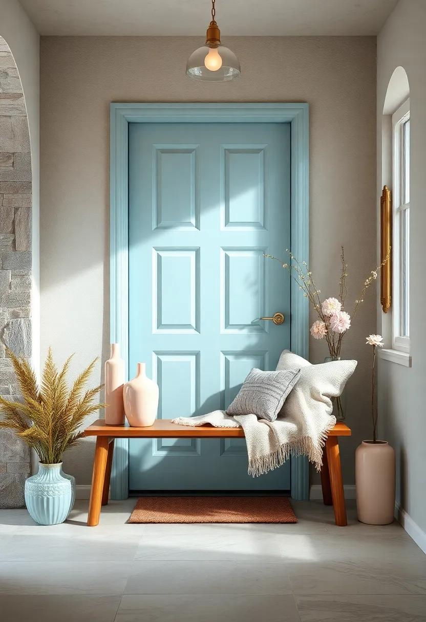 Soft Powder Blue Door Enhanced by Pastel Glass Vases and Soft Blanket Throws on a Wooden Bench