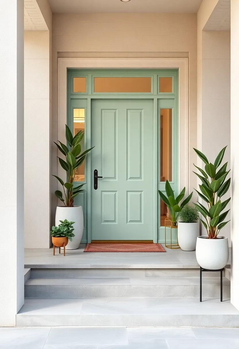 Soft Sage Green Door with Contemporary Geometric Planters and Clean Concrete Steps