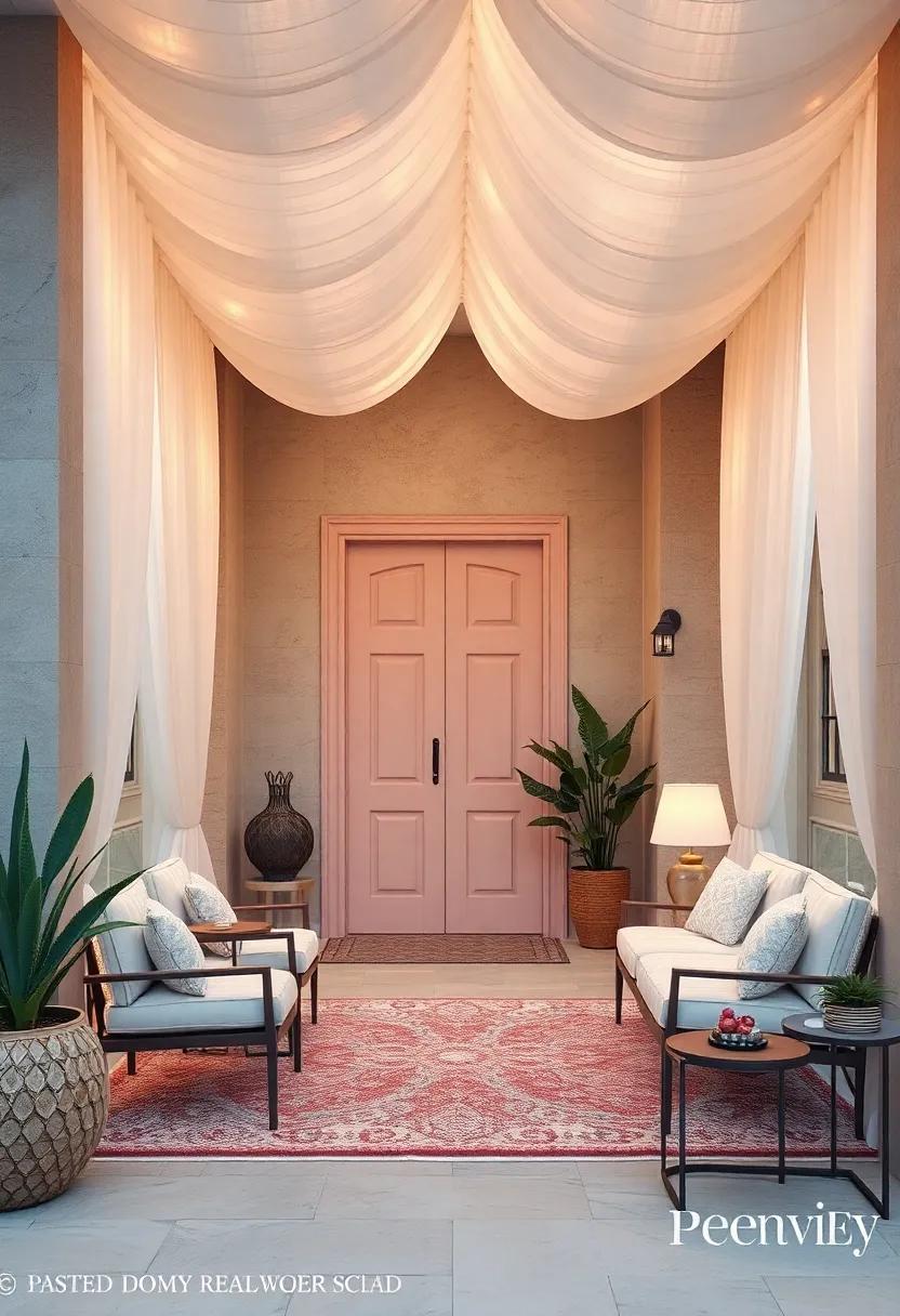 Subtle Rose Quartz Door Surrounded by Dreamy Fabric Canopies and Luminescent Evening Glow