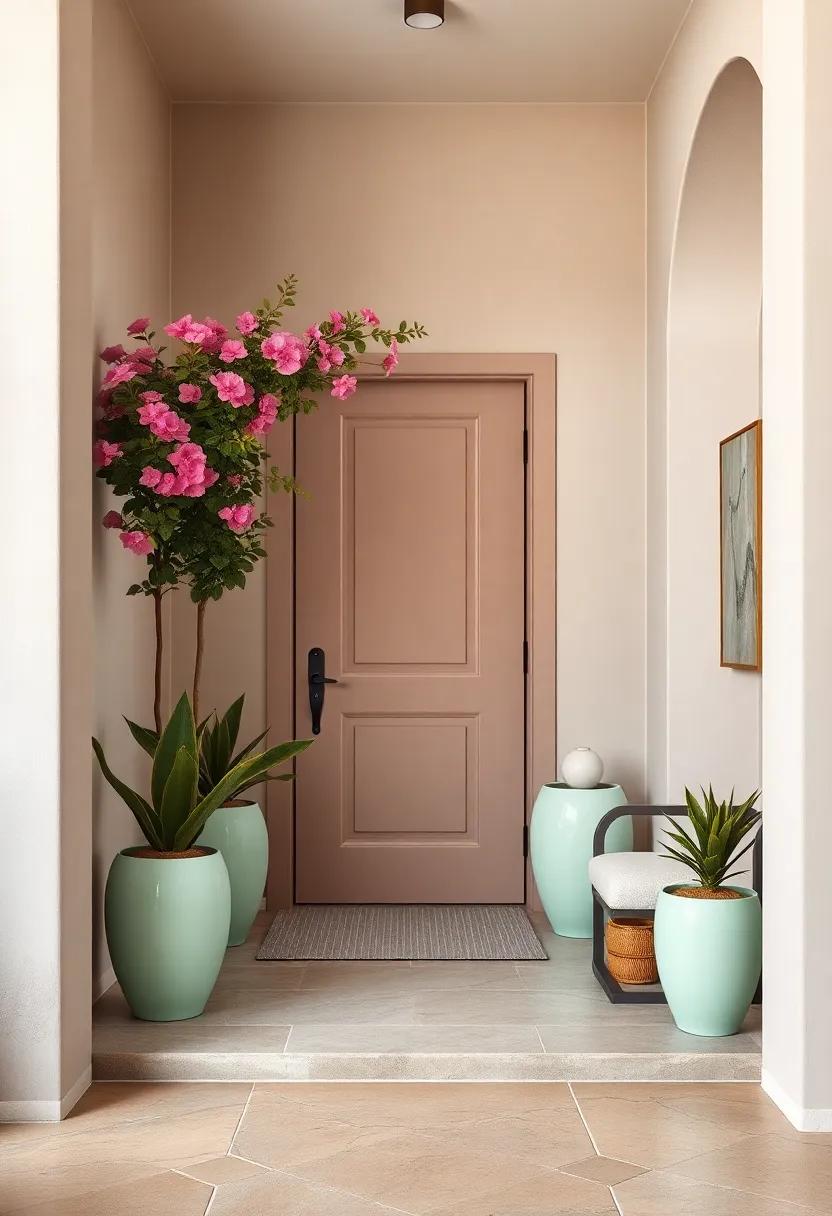 Warm Taupe Door Accented by Pale Mint Ceramic Pots and Bougainvillea Archway