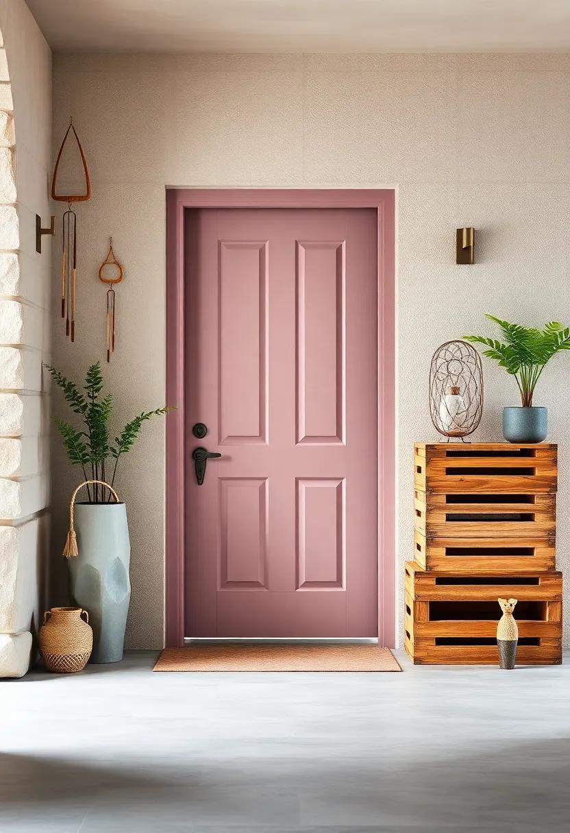 Washed-Out Mauve Door Surrounded by Whimsical Wind Chimes and Rustic Wooden Crates Stacked Neatly
