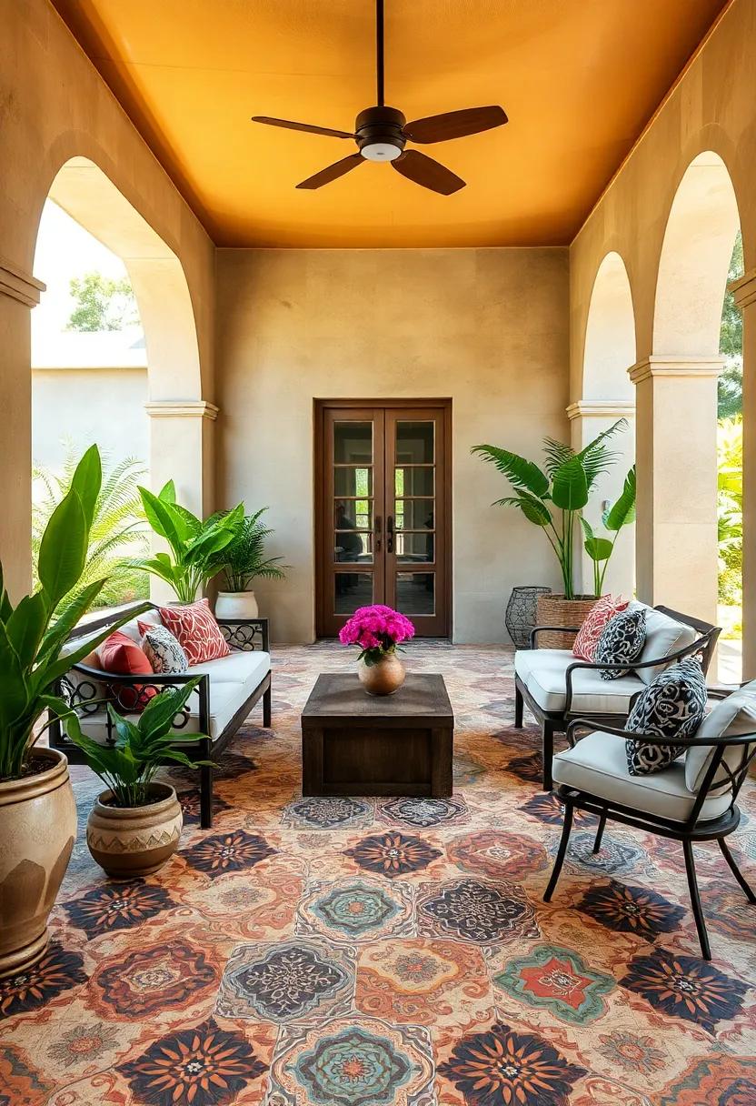 Antique Moroccan Style Tiles With Vibrant Patterns Enlivening A Shaded Outdoor Lounge Space