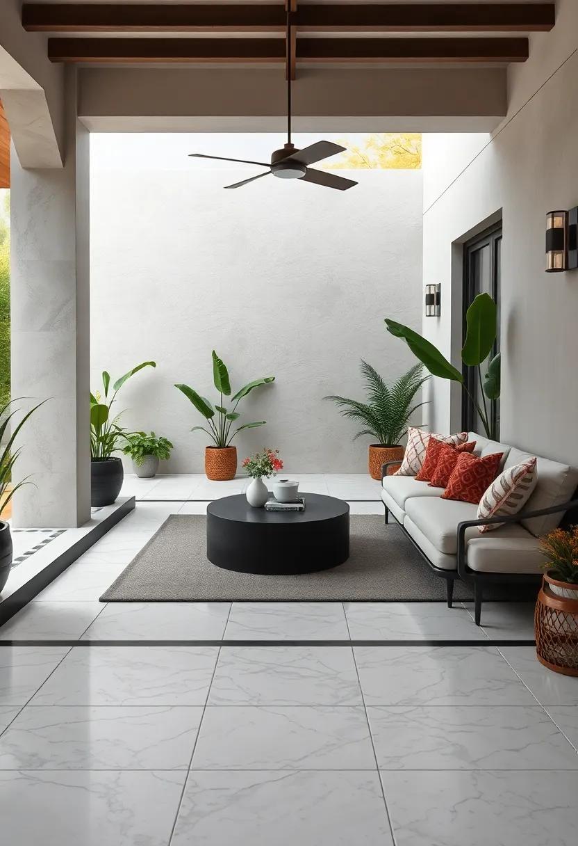 Bold Graphic Black And White Tiles Creating A Striking Contrast For A Contemporary Outdoor Lounge