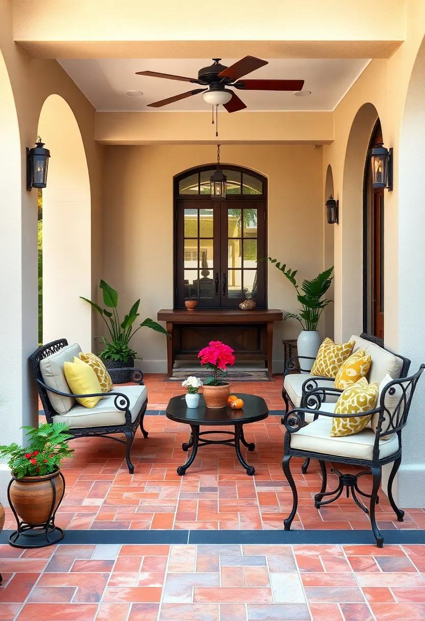 Brick Red Terra Cotta Tiles Matched With Rustic Iron Furnishings For A Warm Inviting Patio Vibe