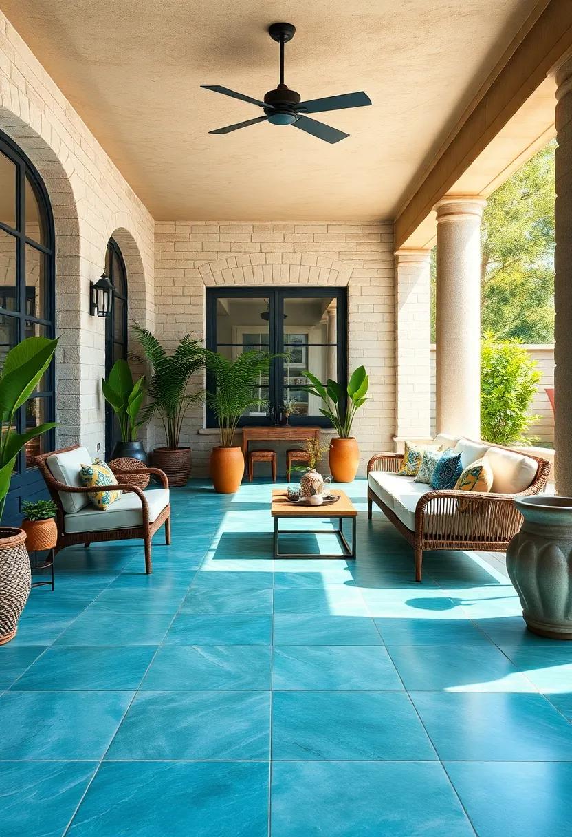 Bright Turquoise Tiles Inspired By Coastal Scenes Adding A Refreshing Pop Of Color To Patio Space