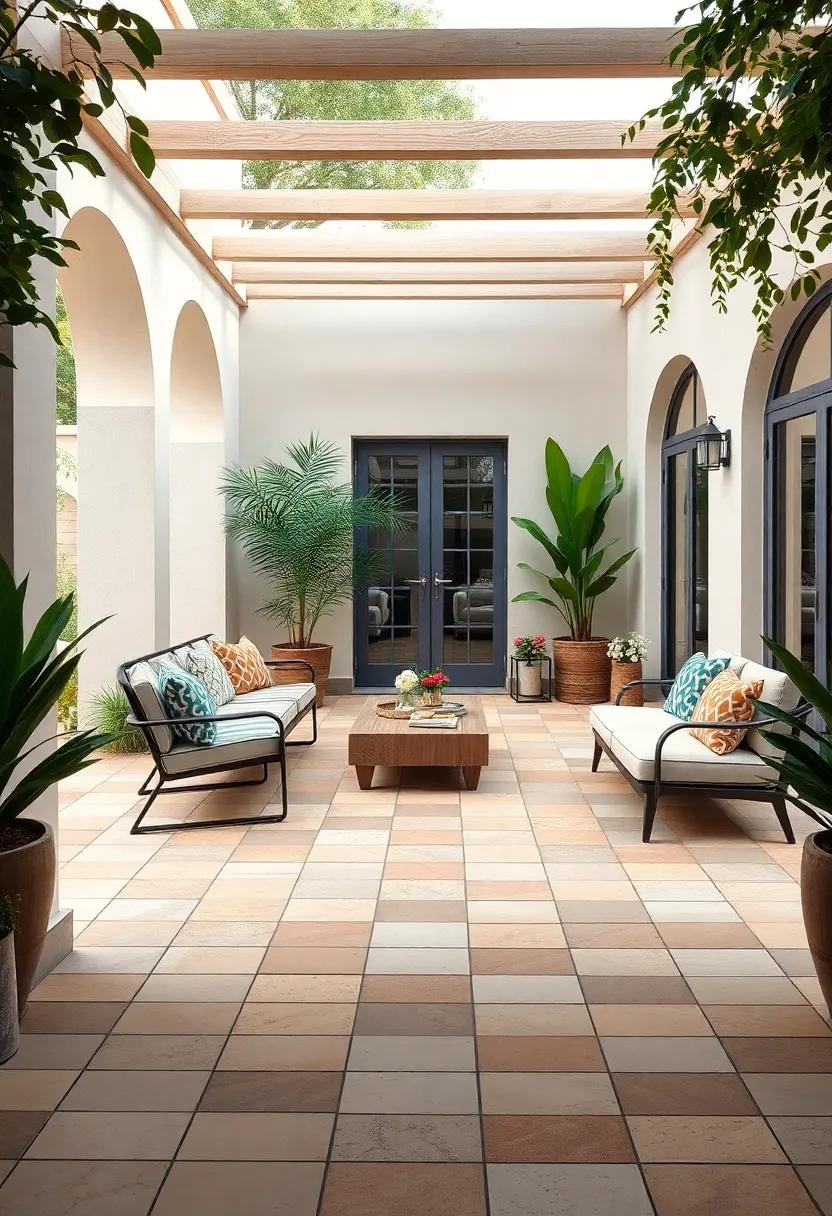 Classic Checkerboard Tiles In Contrasting Shades Framing A Chic And Timeless Patio Setting