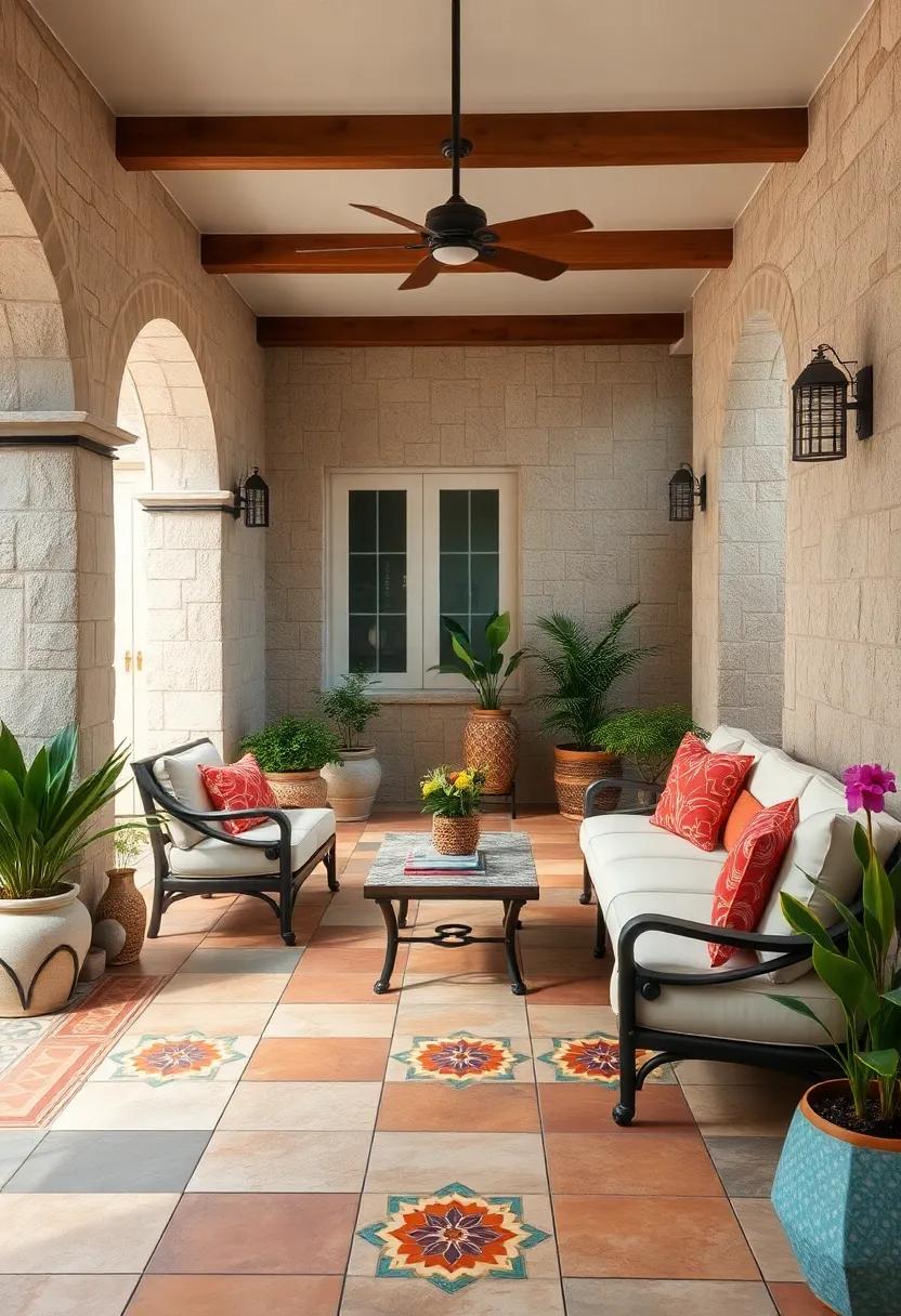Hand-Painted Artisan Tiles Featuring Folk Art Designs As A Bold Focal Point On A Cozy Patio Space