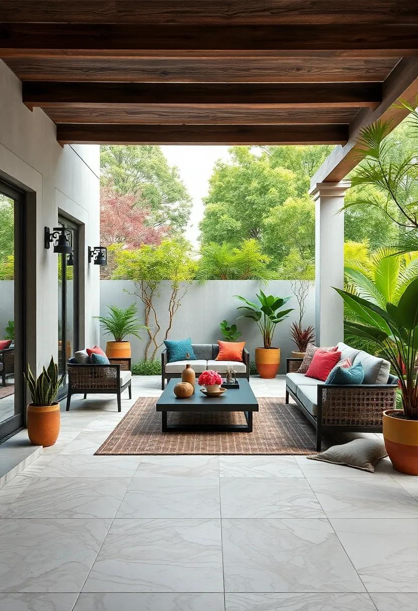 Organic Flowing Patterns In Marble Effect Tiles Bringing Luxury And Serenity To A Garden Patio